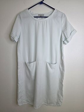LAJU LA White Icy Blue Tencel Shift Dress Small Coastal Pocket Minimalist Comfy
